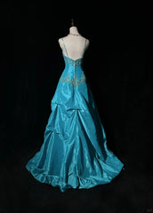 Blue A-Line Spaghetti Straps Satin Beaded Long Prom Dress Sweetheart Neck Applique Graduation Prom Dress ED01627