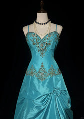 Blue A-Line Spaghetti Straps Satin Beaded Long Prom Dress Sweetheart Neck Applique Graduation Prom Dress ED01627