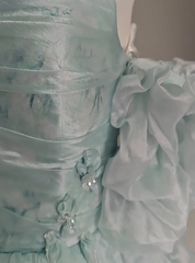 Blue Floral A-Line Strapless Organza Long Prom Dress Graduation Prom Dress ED01628