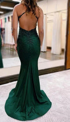 Simple Backless Mermaid Lace Green Long Prom Dress, Green Formal Elegant Evening Dress Wedding Dress ED003