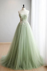 green A-line sweetheart neck tulle lace applique long prom dress, formal evening dress ED01610