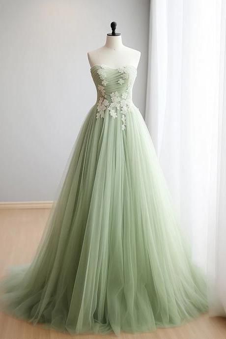 green A-line sweetheart neck tulle lace applique long prom dress, formal evening dress ED01610