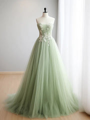 green A-line sweetheart neck tulle lace applique long prom dress, formal evening dress ED01610