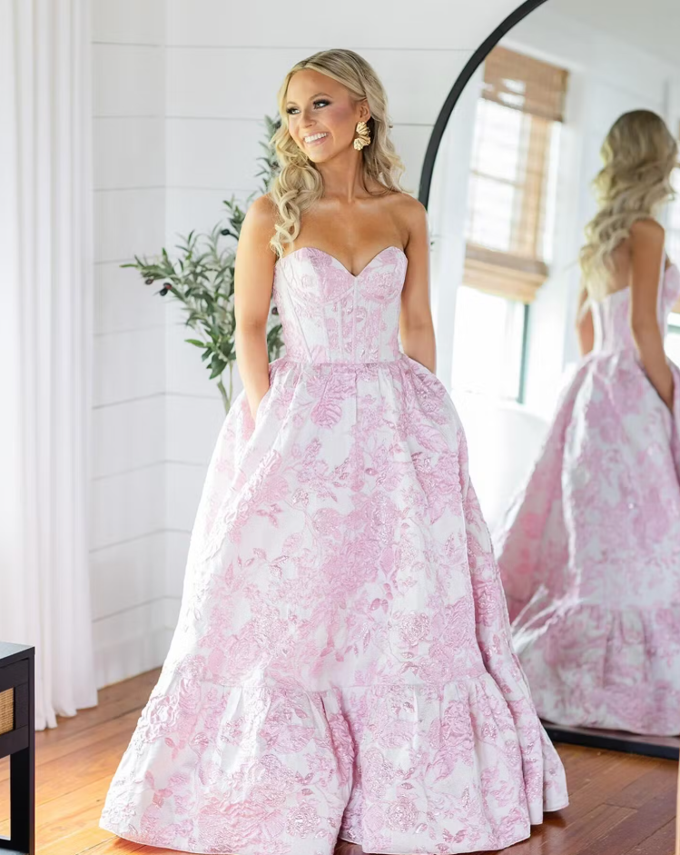 Pink A-Line Sweetheart Floral Printed Long Prom Dresses ED01313