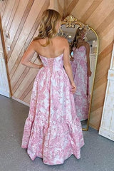 Pink A-Line Sweetheart Floral Printed Long Prom Dresses ED01313
