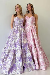 Pink A-Line Sweetheart Floral Printed Long Prom Dresses ED01313