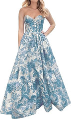 Pink A-Line Sweetheart Floral Printed Long Prom Dresses ED01313