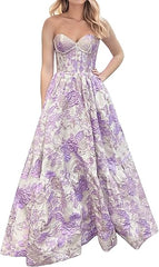 Pink A-Line Sweetheart Floral Printed Long Prom Dresses ED01313