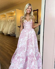 Pink A-Line Sweetheart Floral Printed Long Prom Dresses ED01313
