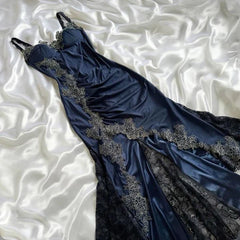 👑 Elegant Midnight Blue Prom Dress for Vegas Pool Party Party🌟 Delicate Lace Appliques Satin Evening Gown ED01319
