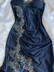 👑 Elegant Midnight Blue Prom Dress for Vegas Pool Party Party🌟 Delicate Lace Appliques Satin Evening Gown ED01319