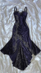 👑 Elegant Midnight Blue Prom Dress for Vegas Pool Party Party🌟 Delicate Lace Appliques Satin Evening Gown ED01319