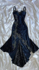 👑 Elegant Midnight Blue Prom Dress for Vegas Pool Party Party🌟 Delicate Lace Appliques Satin Evening Gown ED01319