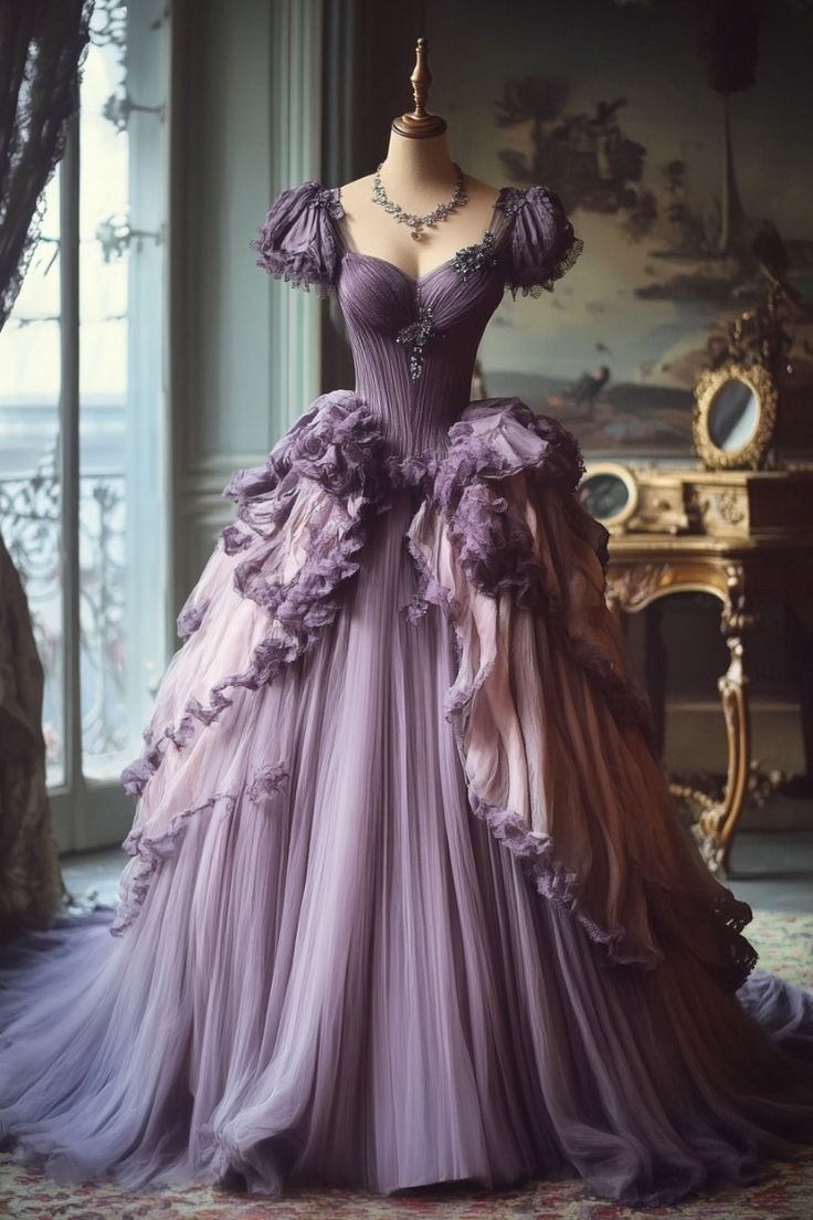 Gradient Purple A-Line Sweetheart Neck Tulle Lace Vintage Long Prom Dress ED01350