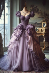 Gradient Purple A-Line Sweetheart Neck Tulle Lace Vintage Long Prom Dress ED01350