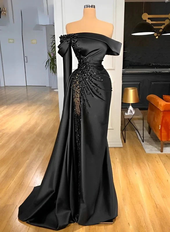 Sheath Off-The-Shoulder Long Sleeves Satin/Sequined Prom Dresses ED01374