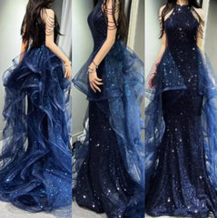 A-Line 🩵Midnight Blue Long Prom Dress for Quinceanera&Graduation -Halter Tulle&Sequin Formal Evening Dress ED01427