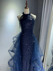 A-Line 🩵Midnight Blue Long Prom Dress for Quinceanera&Graduation -Halter Tulle&Sequin Formal Evening Dress ED01427
