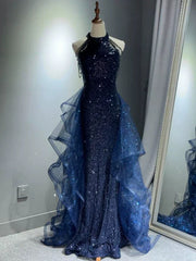 A-Line 🩵Midnight Blue Long Prom Dress for Quinceanera&Graduation -Halter Tulle&Sequin Formal Evening Dress ED01427