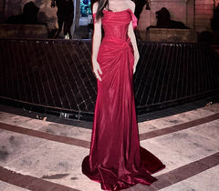 🐟Elegant Mermaid Pleated Satin Evening Dress - Glam Prom Dress for Graduation 💎 Quinceanera with Off-the-Shoulder Design ED01456