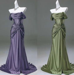 🐟Elegant Mermaid Pleated Satin Evening Dress - Glam Prom Dress for Graduation 💎 Quinceanera with Off-the-Shoulder Design ED01456