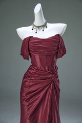 🐟Elegant Mermaid Pleated Satin Evening Dress - Glam Prom Dress for Graduation 💎 Quinceanera with Off-the-Shoulder Design ED01456