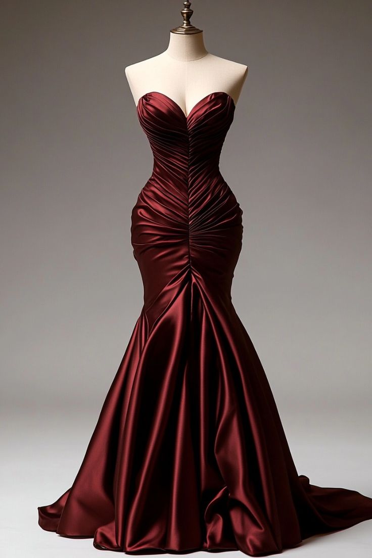Burgundy Mermaid Sweetheart Satin Long Ball Gown, Fitted Evening Gown ED01489