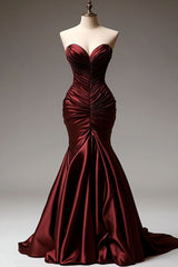 Burgundy Mermaid Sweetheart Satin Long Ball Gown, Fitted Evening Gown ED01489