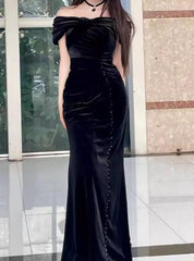 Black Mermaid Off-the-shoulder Velvet Long Prom Dress, Elegant Quinceanera Dress ED01490