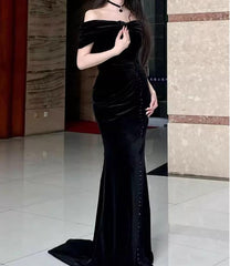 Black Mermaid Off-the-shoulder Velvet Long Prom Dress, Elegant Quinceanera Dress ED01490