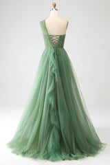 Dark Green A-Line One-Shoulder sequins Tulle Long Prom Dress ED01492