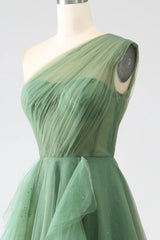 Dark Green A-Line One-Shoulder sequins Tulle Long Prom Dress ED01492