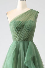 Dark Green A-Line One-Shoulder sequins Tulle Long Prom Dress ED01492