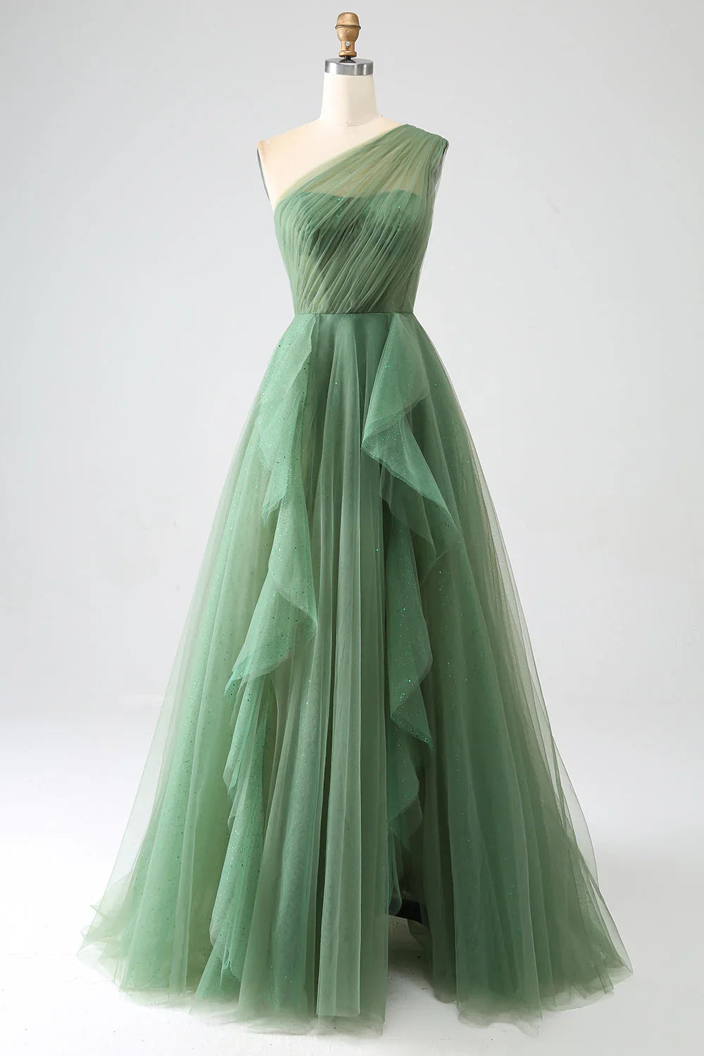 Dark Green A-Line One-Shoulder sequins Tulle Long Prom Dress ED01492