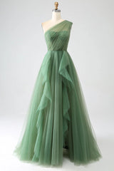 Dark Green A-Line One-Shoulder sequins Tulle Long Prom Dress ED01492