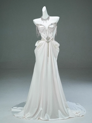 White Satin A-line Sweetheart Beaded Long Prom Dress, Elegant Adult Ceremony Graduation Prom Dress ED01493