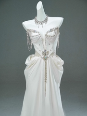 White Satin A-line Sweetheart Beaded Long Prom Dress, Elegant Adult Ceremony Graduation Prom Dress ED01493