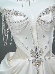 White Satin A-line Sweetheart Beaded Long Prom Dress, Elegant Adult Ceremony Graduation Prom Dress ED01493