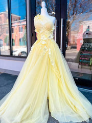 Light Yellow A-line One Shoulder Tulle 3D Appliques Beading Long Prom Dress with Slit ED01495