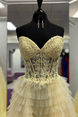 Yellow A-line Strapless Multi-Layers Sweetheart Tulle Beaded Long Prom Dress with Slit ED01499