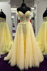 Yellow A-line Strapless Multi-Layers Sweetheart Tulle Beaded Long Prom Dress with Slit ED01499