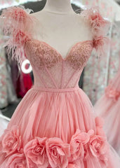 Pink A-Line Off the Shoulder Lace Tulle Long Prom Dress, Sweet 16 Dress ED01500