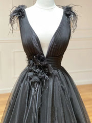 A Line Black V Neck Tulle Long Prom Dress ED01505