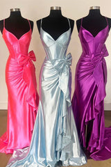 Spaghetti Straps V-Neck Satin Mermaid Prom Dress with Bow ED01506