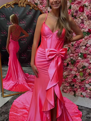 Spaghetti Straps V-Neck Satin Mermaid Prom Dress with Bow ED01506
