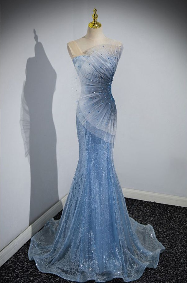 Blue Mermaid Sequin Sheer Straps Scalloped Long Prom Dress ED01509
