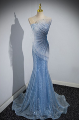Blue Mermaid Sequin Sheer Straps Scalloped Long Prom Dress ED01509