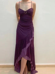 A-line Sweetheart High Low Party Dress, Purple Spaghetti Straps Prom Dress ED01512