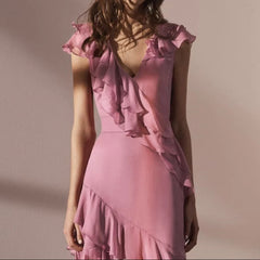 Pink V-Neck Chiffon Pleated Sleeveless Back Zippered Long Prom Dress Beautiful Party Dress ED01514