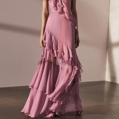 Pink V-Neck Chiffon Pleated Sleeveless Back Zippered Long Prom Dress Beautiful Party Dress ED01514